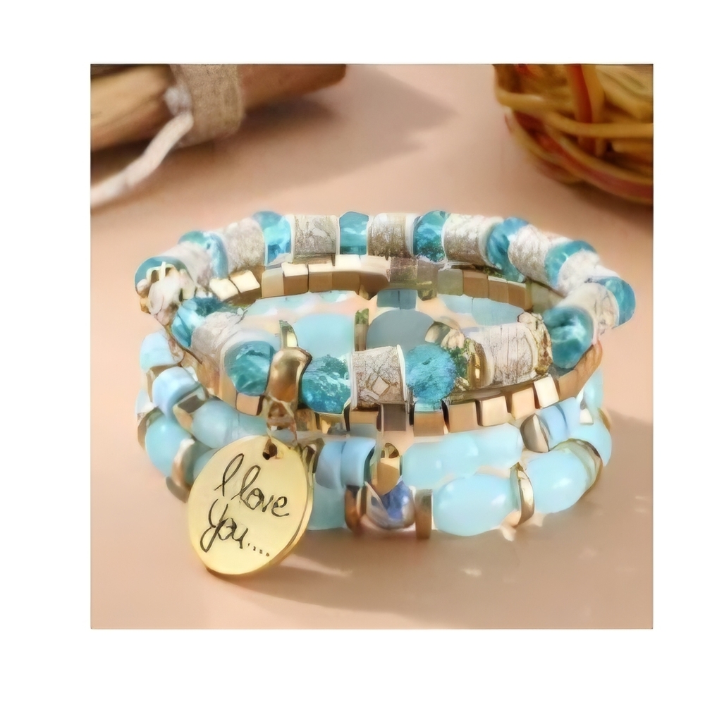 Gold and Blue Beaded Stretch  Bracelet Set